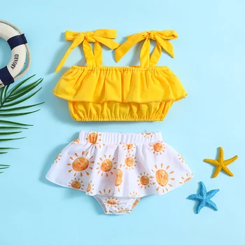 Listenwind, летен бански-бикини за момичета от 0 до 3 години, жилетка без ръкави, плажни шорти с принтом на слънцето край басейна, бански костюми