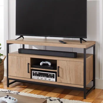 Индустриална дървена правоъгълна медии-конзола за телевизори с размер до 55 инча, натурален дъб, мебели за хола под телевизора