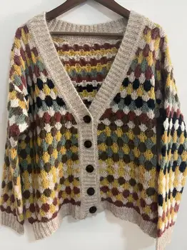 2022 Нов дамски вязаный жилетка, дамски пуловер, дъгата однобортный пуловер с дълъг ръкав, красиви модерни плетени блузи