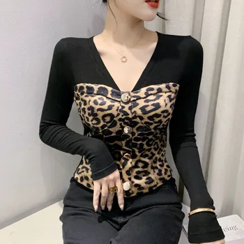 Женска тениска от изкуствена кожа с накладным V-образно деколте и копчета, къса тениска с дълъг ръкав, градинска облекло в корейски стил, тениска изкуствена кожа