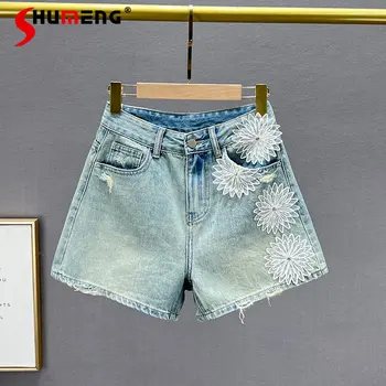 Дънкови къси панталони за жени, новият старт на лятото 2023, висока талия, свободни и за отслабване, универсални широки панталони трапецовидна форма с бродерия във формата на диаманти, топли панталони