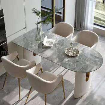 Италиански минималистичен маса за хранене с мрамор работно бюро на дебела дъска, правоъгълна рамка на маса, многофункционална маса Kitchen23GM