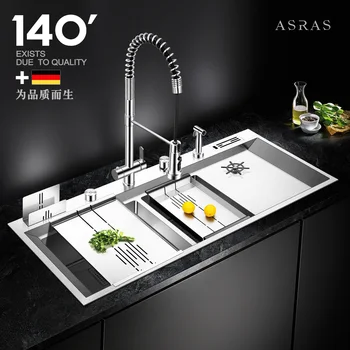 Кухненска мивка ASRAS ръчно изработени от неръждаема стомана 304, високата планина / долната страна / мивка, голям двухщелевой мивка с ополаскивателем за чаши