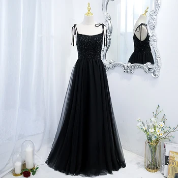 Черна вечерна рокля за спагети презрамки, елегантен, с пайети, с дължина до пода, трапецовидна форма, с отворен гръб, просто, ново, по-големи размери, дамски официални рокли B2432