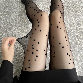 Дамски секси черни прозрачни чорапогащи със звездна принтом големи размери, летни модни разтеглив клубни дизайнерски чорапи на всеки cut