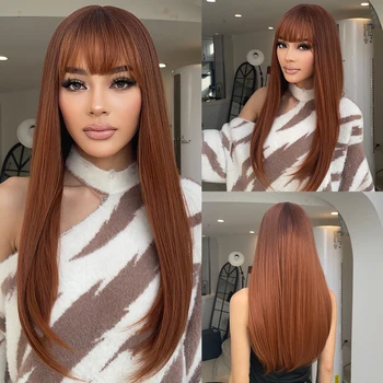 Червено-кафява перука дълга права за жените Синтетични перука с бретон Cosplay парти перука от естествена коса оранжево-кафяви топлоустойчива косата