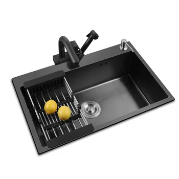 Черни кухненски мивки от неръждаема стомана, черна кухненска мивка с един отвор над тезгяха и мивка за измиване на зеленчуци на отстраняването