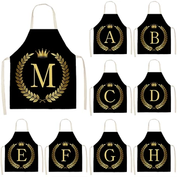 Луксозен черен престилка със златна корона, с писмото принтом азбука, кухненски бокс за жени, мъжки памук, ленени престилки за готвене, инструменти за почистване на дома