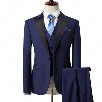 2020 Комплект от три елемента, Сини Вечерни Мъжки Костюми с ревера, Приталенные Сватбени Смокинги на Поръчка (Яке + Панталон + Елек + вратовръзка)