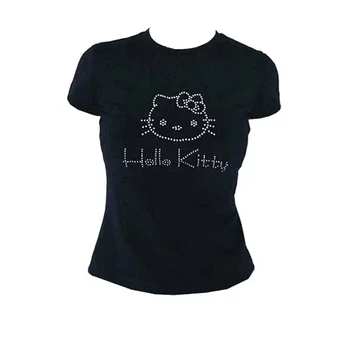 Kawaii Hello Kitty Съкратен Топ С къс Ръкав Годишният Kawaii Sanrioes Kt Cat Y2K За Момичета Тънки Секси Тениска С Кристали Реколта Тениска Подарък