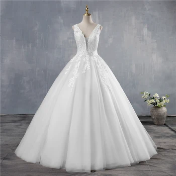 ZJ9149 Булчинска рокля с V-образно деколте 2023 светло шампанско цвят с дължина до пода с аппликацией Отворена върти сватбени рокли трапецовидна форма, без облегалка