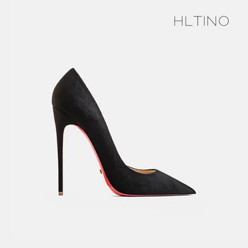 Луксозни маркови обувки-лодка с червена лъскава подметка, дамски обувки с остри пръсти, черни кожени офис обувки на висок ток 12 см, чубрица сватбени обувки 33-44
