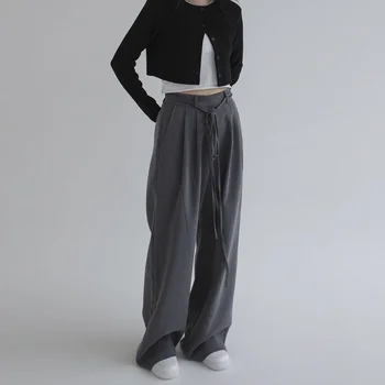 Елегантни сиви спортни панталони, дамски корейската мода 2023, пролетната реколта панталони с висока талия, свободни ежедневни естетически