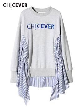 Пуловер CHICEVER, hoody за жените с кръгло деколте и дълъг ръкав в стил мозайка, хит на продажбите, градинска дрехи на райета, блузи, дамски 2022