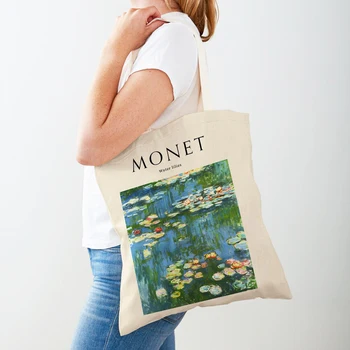 Чанта за пазаруване в стил абстрактен импресионизма Клод Моне, двустранен чанта-тоут, модни художествена Ежедневни дамски чанта за пазаруване в ретро стил
