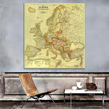 90х90 см, нетъкан текстил водоустойчива пръски боя, карти на Европа, мирна конференция в Париж през 1920 г., за стенен декор карта