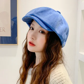 Нова мода шапка дамски есенни и зимни корейската версия на Универсална шапка однотонная осмоъгълна ежедневни шапка вестникарче британски ретро взема