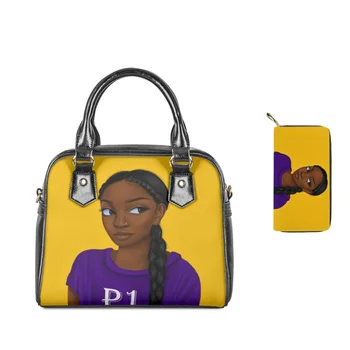 Черна художествена афроамериканская момиче с принтом, дамска кожена чанта на рамо, чантата, дамски ежедневни чанта с горната дръжка за през рамо, 2 бр./компл.