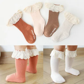 Детски чорапи, нови детски чорапи за малки деца, момичета до коляното, меки памучни дантелени чорапи за малки момичета, чорапи за малки момичета от 0 до 3 години, есен облекло