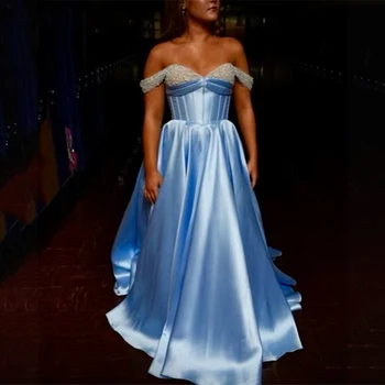 GIOIO Небето-синьо официална вечерна рокля трапецовидна форма, расшитое мъниста, с открити рамене, рокли за абитуриентски бал с дължина до пода рокля за бала Sweethart 2023
