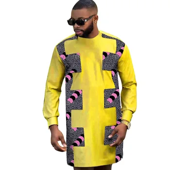 Нигерийская модерна мъжка риза, жълти блузи с дълъг ръкав, дизайн в стил мозайка, мъжко облекло за младоженеца в африканския стил