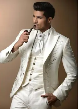 Приталенные бели смокинги с бродерия, за да оформите, мъжки дрехи, сако за бизнес партита, абитуриентски костюми, изработени по поръчка, яке-брюкивест