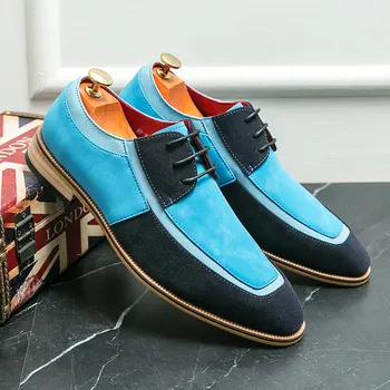 Модерен мъжки модел обувки от синя кожа, ежедневни бизнес мъжки обувки в стил дерби, качествена мека удобна замшевая офис обувки за мъже