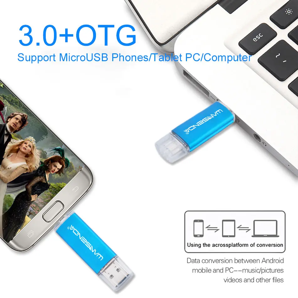 WANSENDA 32 GB OTG USB Флаш Памет 256 GB 128 GB 64 GB 16 GB Метална Стик 2 в 1 microUSB Stick 3,0 Памет Диск за Мобилни устройства Android