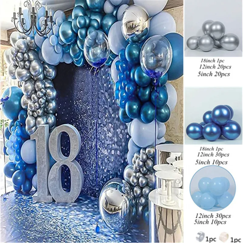 Набор от гирлянди от синьо-сребрист метален балони Blue Macaroon Boy арка от балони за възрастни за рожден ден, детски душ, украси за сватбени партита