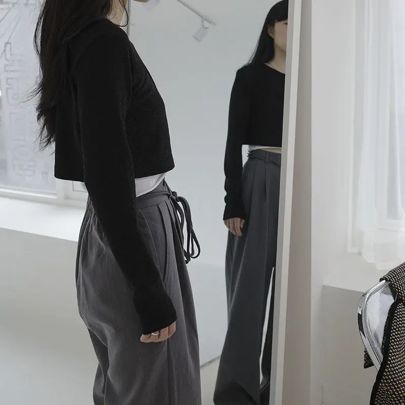 Елегантни сиви спортни панталони, дамски корейската мода 2023, пролетната реколта панталони с висока талия, свободни ежедневни естетически