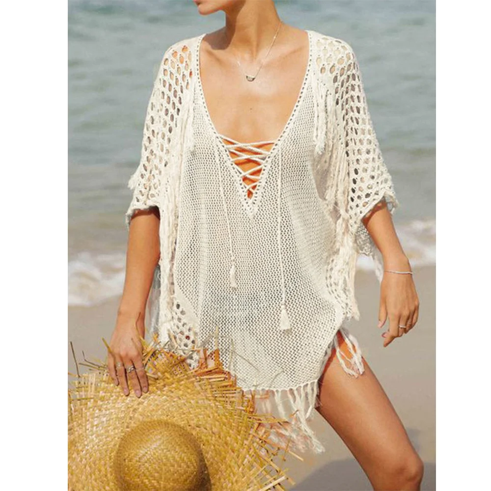 Възли на една кука прозрачни покривала за половин ръкав, потници, празнична плажно облекло, дизайнерски бански костюм, бяла лято